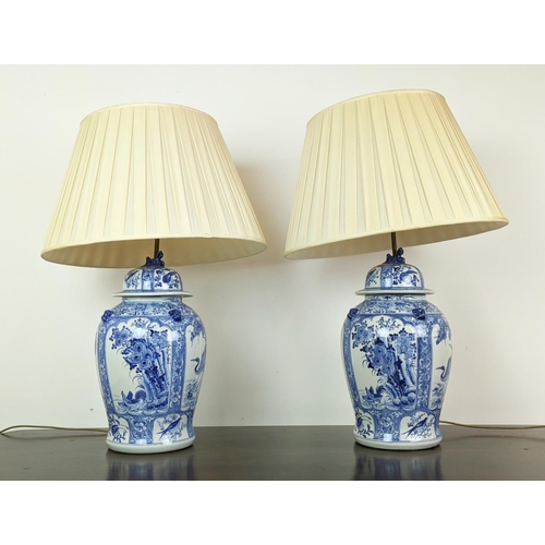 178 - TABLE LAMPS, a pair, converted from Chinese blue and white temple jars, with shades, 90cm H. (2)