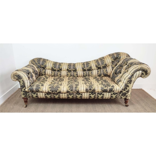 173 - HAMPTON AND SONS SOFA, Victorian beechwood in striped foliate patterned damask, castors stamped, 83c... 