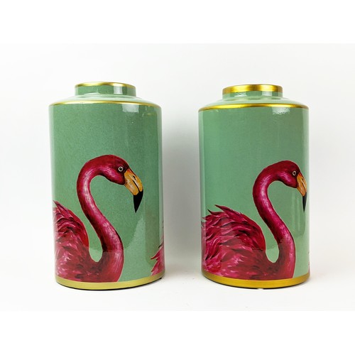 331 - VESSELS, a pair, glazed ceramic 1970's style flamingo print design, 36cm H. (2)