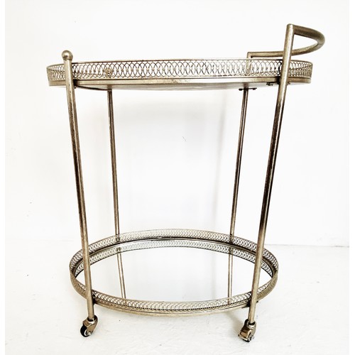 316 - MAISON JANSEN STYLE COCKTAIL TROLLEY, silvered with mirrored shelves 87cm H x 78cm x 47cm.