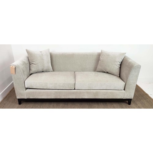 398 - SOFA, grey fabric upholstered, ebonised supports, 200cm x 86cm x 84cm.