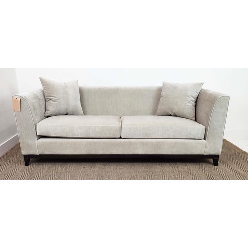 398 - SOFA, grey fabric upholstered, ebonised supports, 200cm x 86cm x 84cm.