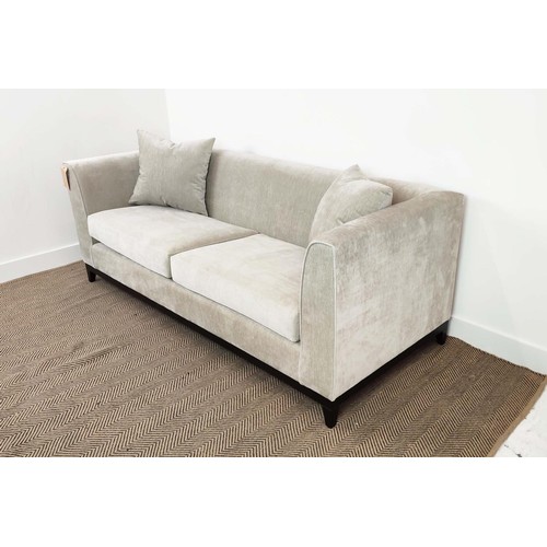 398 - SOFA, grey fabric upholstered, ebonised supports, 200cm x 86cm x 84cm.