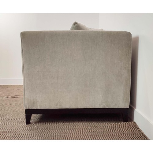 398 - SOFA, grey fabric upholstered, ebonised supports, 200cm x 86cm x 84cm.