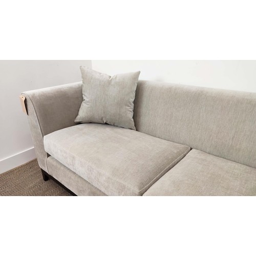 398 - SOFA, grey fabric upholstered, ebonised supports, 200cm x 86cm x 84cm.