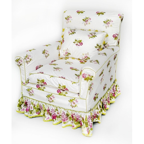 106 - COLEFAX AND FOWLER COUNTRY HOUSE ARMCHAIR AND FOOTSTOOL, Portman chintz upholstered, loose covers wi... 