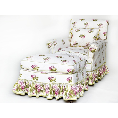 106 - COLEFAX AND FOWLER COUNTRY HOUSE ARMCHAIR AND FOOTSTOOL, Portman chintz upholstered, loose covers wi... 