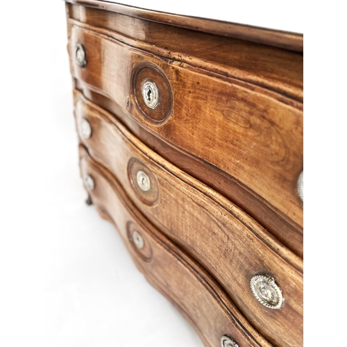 107 - COMMODE, 18th century French Louis XV walnut of serpentine outline with three long drawers and carve... 