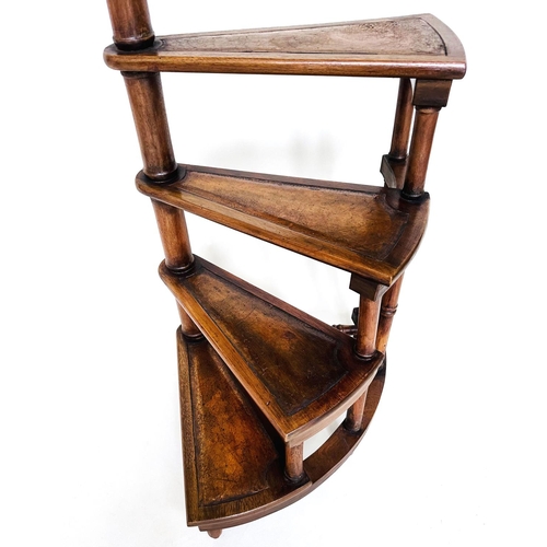 109 - LIBRARY STEPS, Georgian style mahogany with four spiral gilt tooled leather treads and pole, 154cm H... 