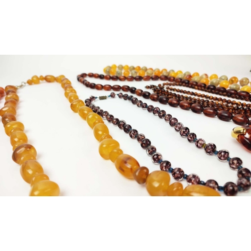 12 - A QUANTITY OF ASSORTED AMBER COLOURED BEAD NECKLACES, some glass and some in plastic, in red and ora... 