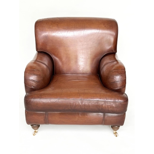 120 - LIBRARY ARMCHAIR, club style hand-finished soft tan brown leather upholstered, 86cm W