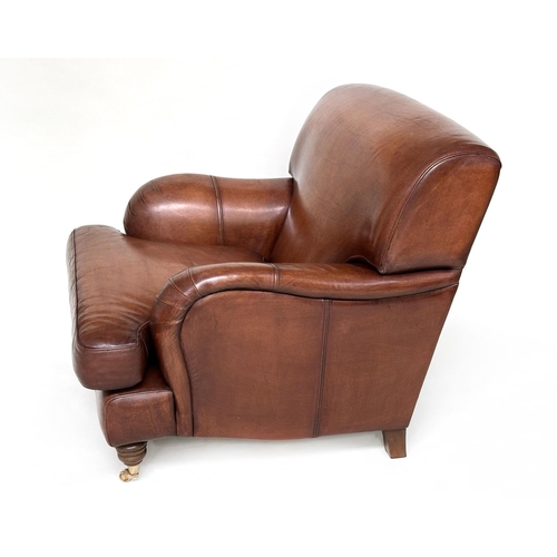 120 - LIBRARY ARMCHAIR, club style hand-finished soft tan brown leather upholstered, 86cm W