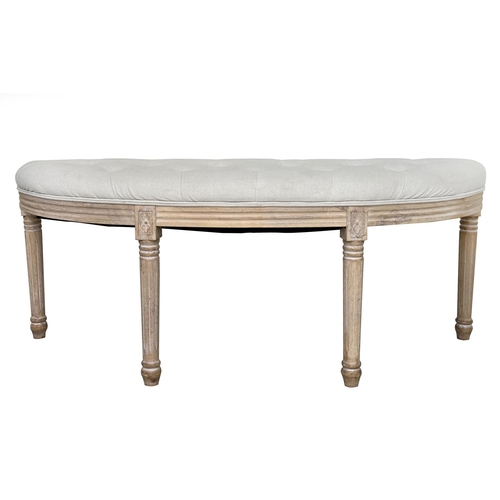 122 - WINDOW SEAT, French style rounded front with neutral deep buttoned linen upholstery and fluted taper... 