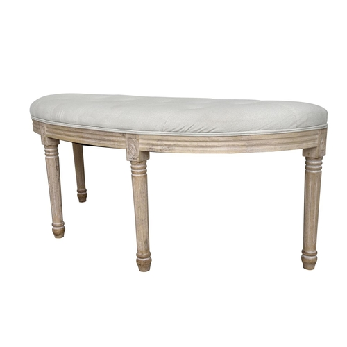 122 - WINDOW SEAT, French style rounded front with neutral deep buttoned linen upholstery and fluted taper... 