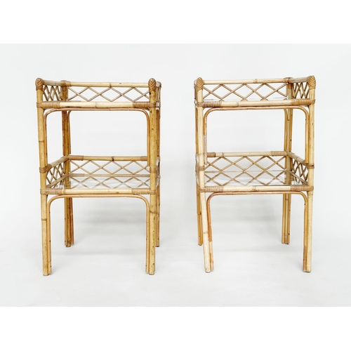 123 - ETAGERES, a pair, bamboo framed and cane bound, each with two glazed shelves, 40cm W x 35cm D x 69cm... 