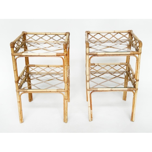 123 - ETAGERES, a pair, bamboo framed and cane bound, each with two glazed shelves, 40cm W x 35cm D x 69cm... 