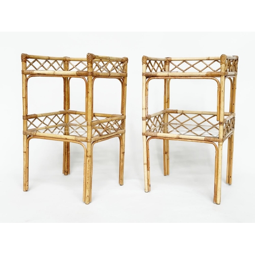 123 - ETAGERES, a pair, bamboo framed and cane bound, each with two glazed shelves, 40cm W x 35cm D x 69cm... 