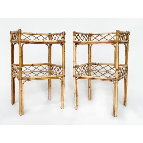 123 - ETAGERES, a pair, bamboo framed and cane bound, each with two glazed shelves, 40cm W x 35cm D x 69cm... 