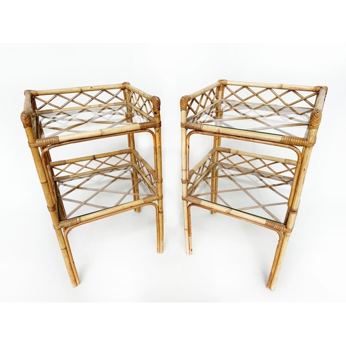 123 - ETAGERES, a pair, bamboo framed and cane bound, each with two glazed shelves, 40cm W x 35cm D x 69cm... 