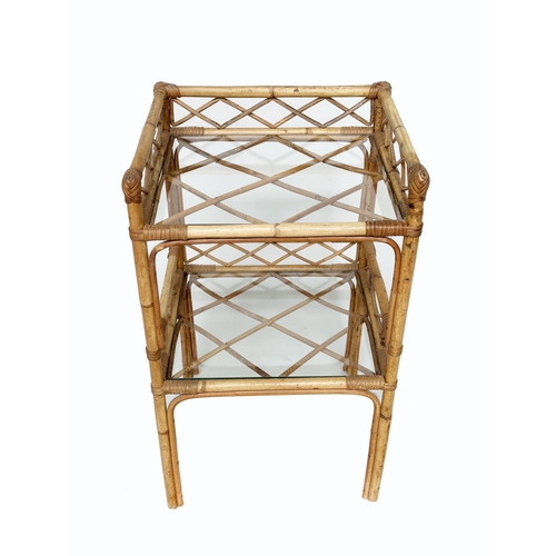 123 - ETAGERES, a pair, bamboo framed and cane bound, each with two glazed shelves, 40cm W x 35cm D x 69cm... 