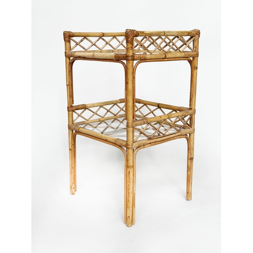 123 - ETAGERES, a pair, bamboo framed and cane bound, each with two glazed shelves, 40cm W x 35cm D x 69cm... 