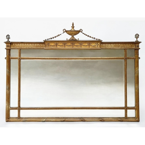 128 - WALL MIRROR, early 20th century Adam design giltwood and gesso with marginal plates surmounted by an... 