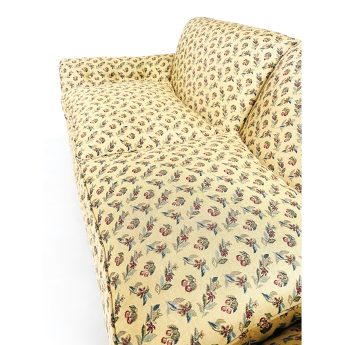 133 - SOFA, early 20th century yellow and woven spring decorated fabric upholstery with soft feather pads ... 