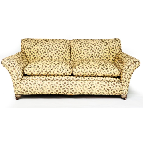 133 - SOFA, early 20th century yellow and woven spring decorated fabric upholstery with soft feather pads ... 