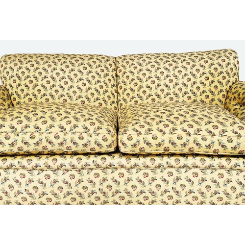 133 - SOFA, early 20th century yellow and woven spring decorated fabric upholstery with soft feather pads ... 