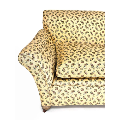 133 - SOFA, early 20th century yellow and woven spring decorated fabric upholstery with soft feather pads ... 