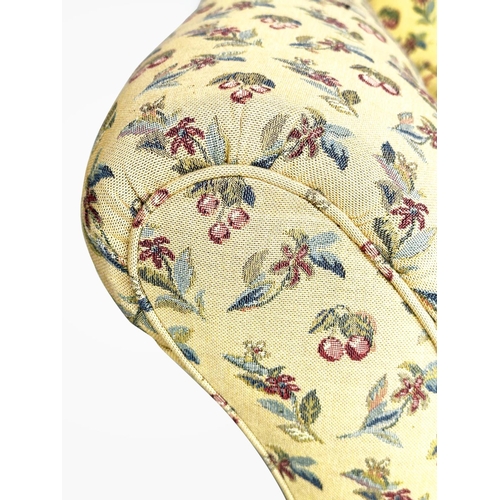 133 - SOFA, early 20th century yellow and woven spring decorated fabric upholstery with soft feather pads ... 