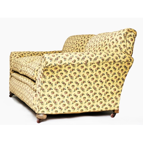 133 - SOFA, early 20th century yellow and woven spring decorated fabric upholstery with soft feather pads ... 