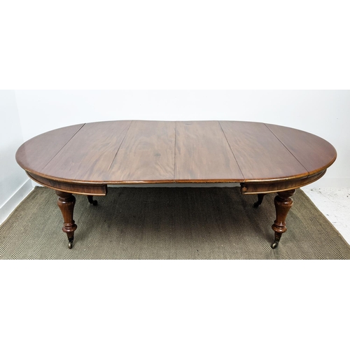 141 - DINING TABLE, Victorian mahogany with oval top and two extra leaves on brass castors, 74cm H x 136cm... 