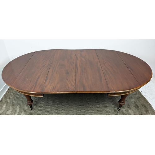 141 - DINING TABLE, Victorian mahogany with oval top and two extra leaves on brass castors, 74cm H x 136cm... 