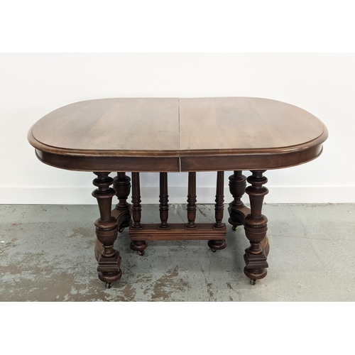 144 - DINING TABLE, late 19th century French walnut with four extra leaves on castors, 73cm H x 115cm W x ... 