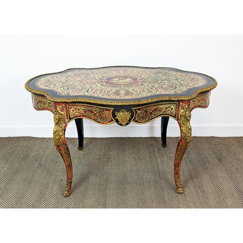 145 - CENTRE TABLE, Napoleon III boulle, ebonised and gilt metal mounted with shaped oval top and frieze d... 