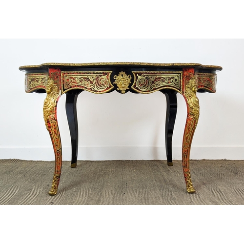 145 - CENTRE TABLE, Napoleon III boulle, ebonised and gilt metal mounted with shaped oval top and frieze d... 