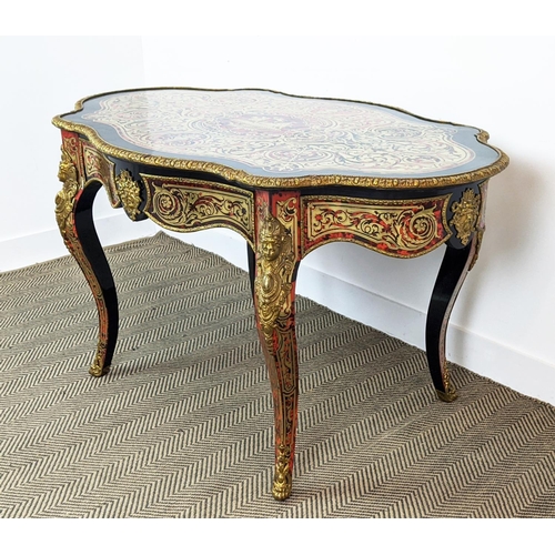 145 - CENTRE TABLE, Napoleon III boulle, ebonised and gilt metal mounted with shaped oval top and frieze d... 