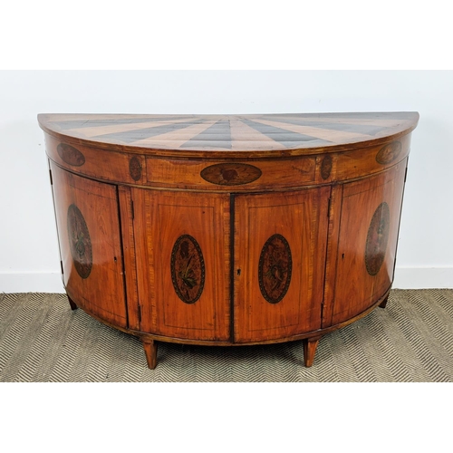 147 - DEMI LUNE SIDE CABINET, 19th century Sheraton design painted satinwood, yewwood and harewood with fo... 