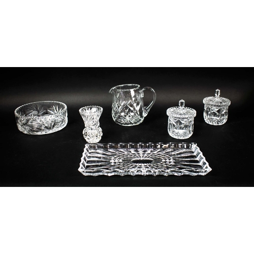 16 - A COLLECTION OF ASSORTED GLASSWARE, comprising twelve small dishes, three shaft and globe decanters ... 