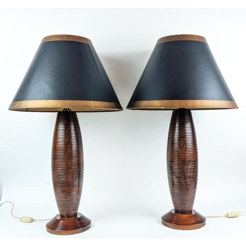 172 - TABLE LAMPS, a pair, Danish circa 1960s, ribbed teak with toleware style shades, 80cm H. (2)