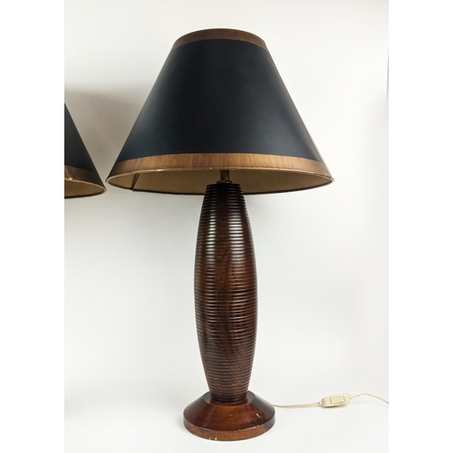 172 - TABLE LAMPS, a pair, Danish circa 1960s, ribbed teak with toleware style shades, 80cm H. (2)