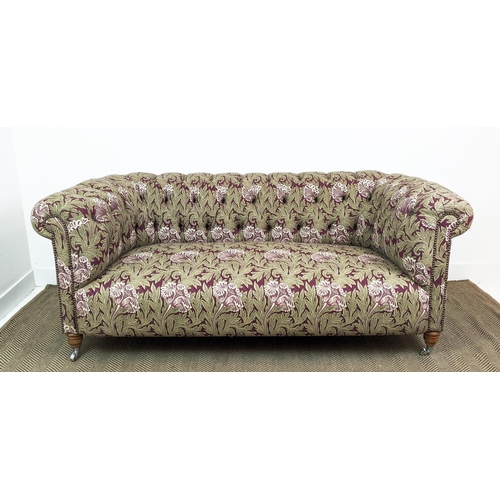 191 - CHESTERFIELD SOFA, William Morris tulip patterned upholstery with chrome front castors, 80cm H x 195... 