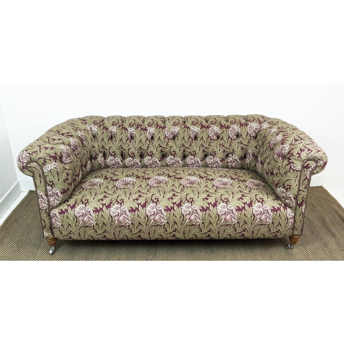 191 - CHESTERFIELD SOFA, William Morris tulip patterned upholstery with chrome front castors, 80cm H x 195... 