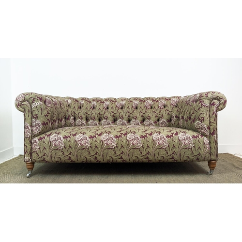 191 - CHESTERFIELD SOFA, William Morris tulip patterned upholstery with chrome front castors, 80cm H x 195... 