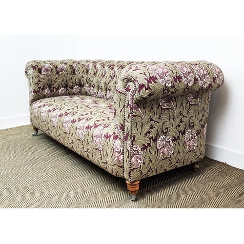 191 - CHESTERFIELD SOFA, William Morris tulip patterned upholstery with chrome front castors, 80cm H x 195... 