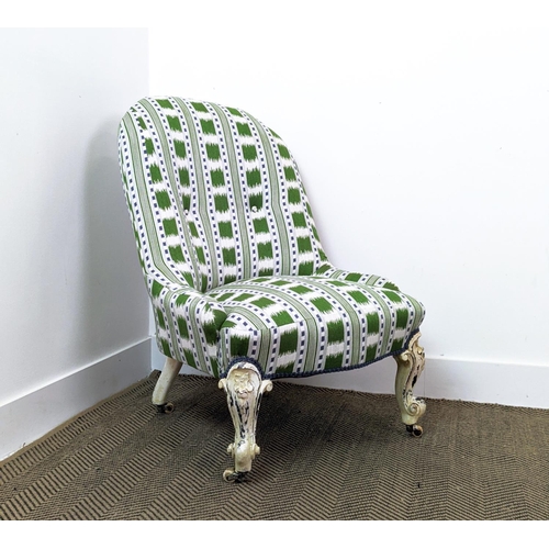 192 - NURSING CHAIR, Victorian and later white painted with green Christopher Farr lost and found upholste... 