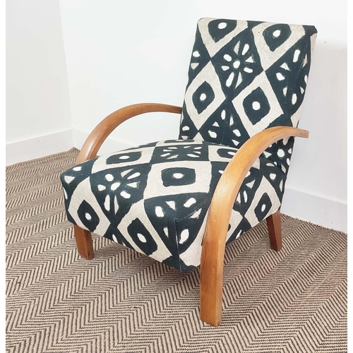 194 - HALABALA ARMCHAIR, mid 20th century oak bentwood in black and white geometric material, 77cm H x 60c... 