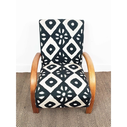 194 - HALABALA ARMCHAIR, mid 20th century oak bentwood in black and white geometric material, 77cm H x 60c... 