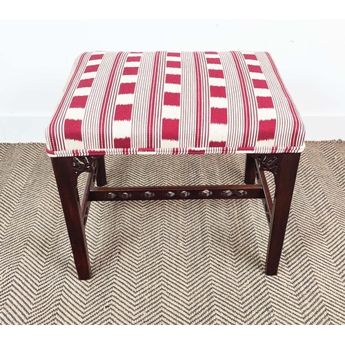 195 - STOOL, George III style mahogany with red Christopher Farr lost and found upholstery, 50cm H x 58cm ... 